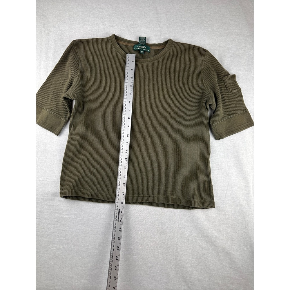 Lauren Ralph Lauren Olive Green Ribbed Knit‎ Elbow Sleeve Top Utility Pocket M - Picture 4 of 6